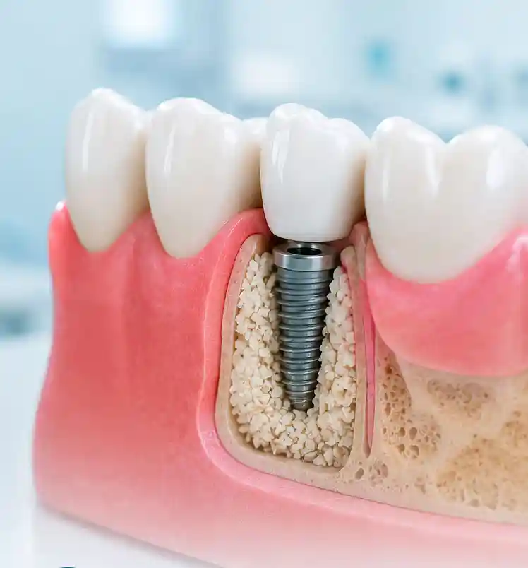 Implante dental sustituyendo una pieza dental perdida y conservando el hueso